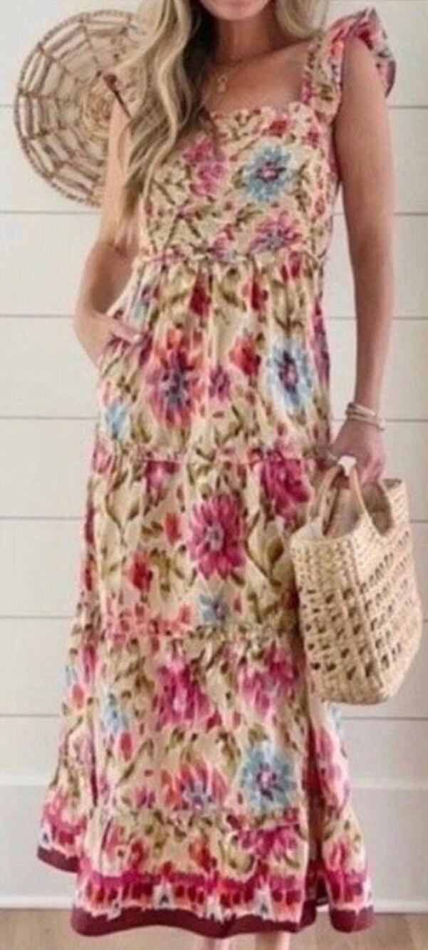 House of Harlow 1960 Zoey Floral Flutter Sleeve Smocked Maxi Dress Pink Multi L